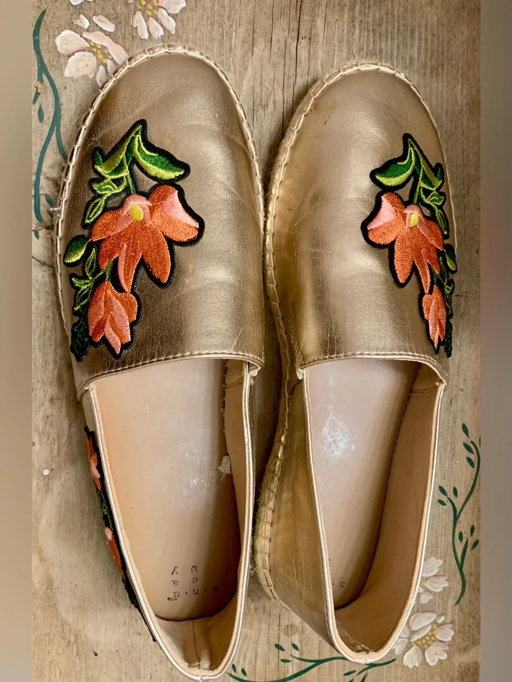 a new day Gold Espadrille Slip-Ons with Pink Floral Applique